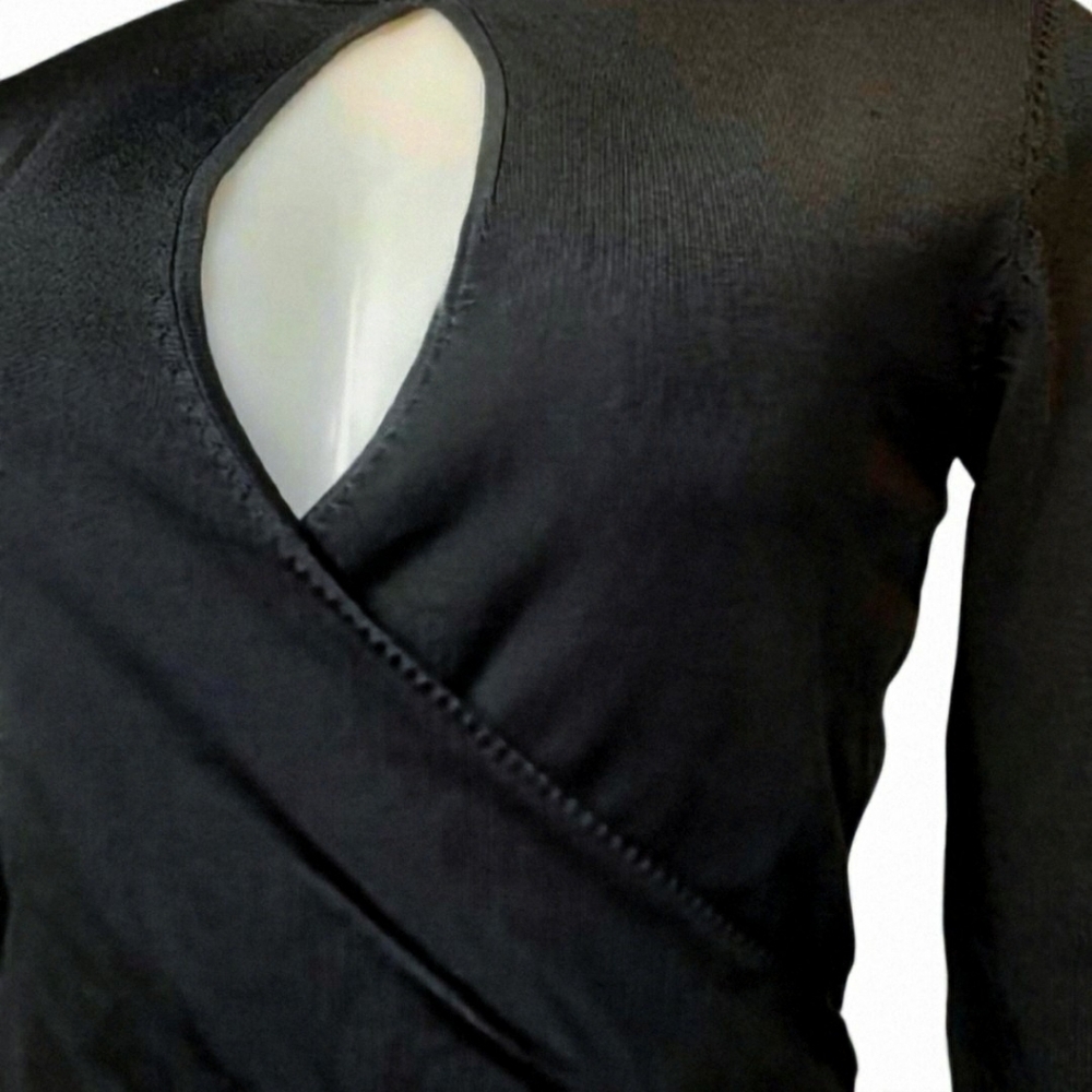 Vintage Cache Faux Wrap LS Ribbed Fitted Bodycon Turtleneck Keyhole - Picture 3 of 6